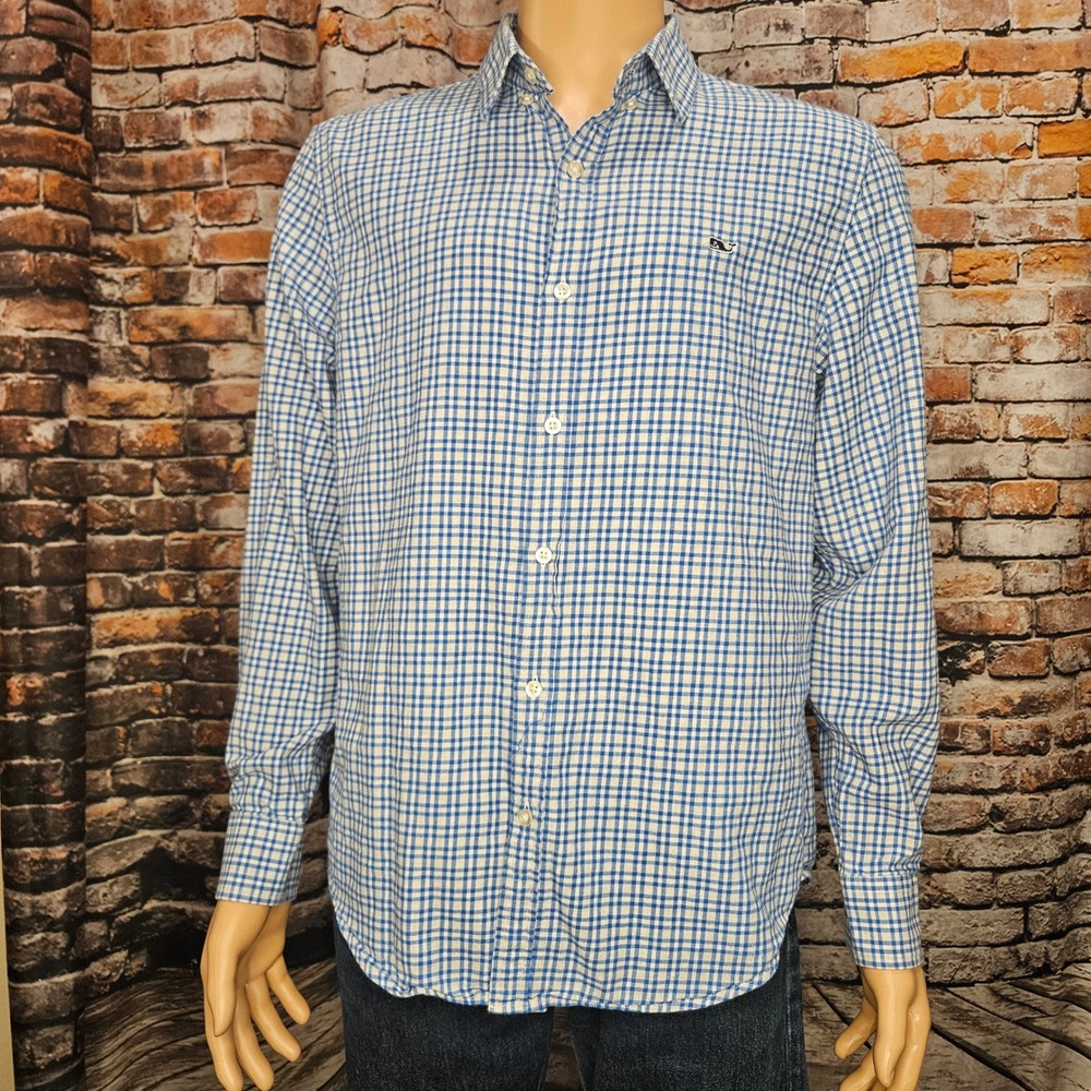 Vineyard Vines Mens Large Blue Gingham Slim Fit Whale Shirt Button Down Shirt